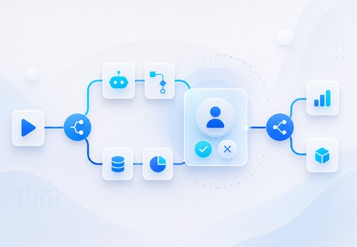 Prévia visual do módulo de workflows com agentes e aprovações